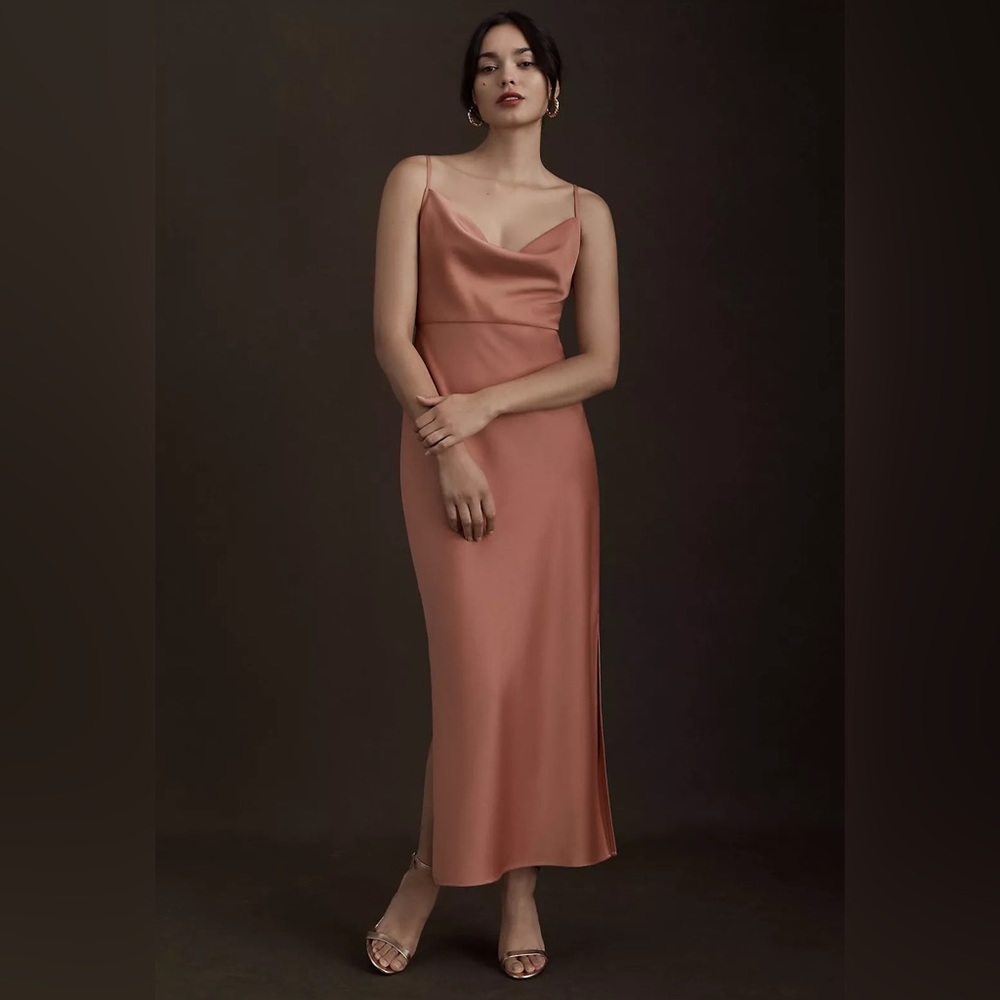 BHLDN Cali Satin Cowl-Neck Midi Slip Dress, Size 0, Dusty Rose (Sedona)